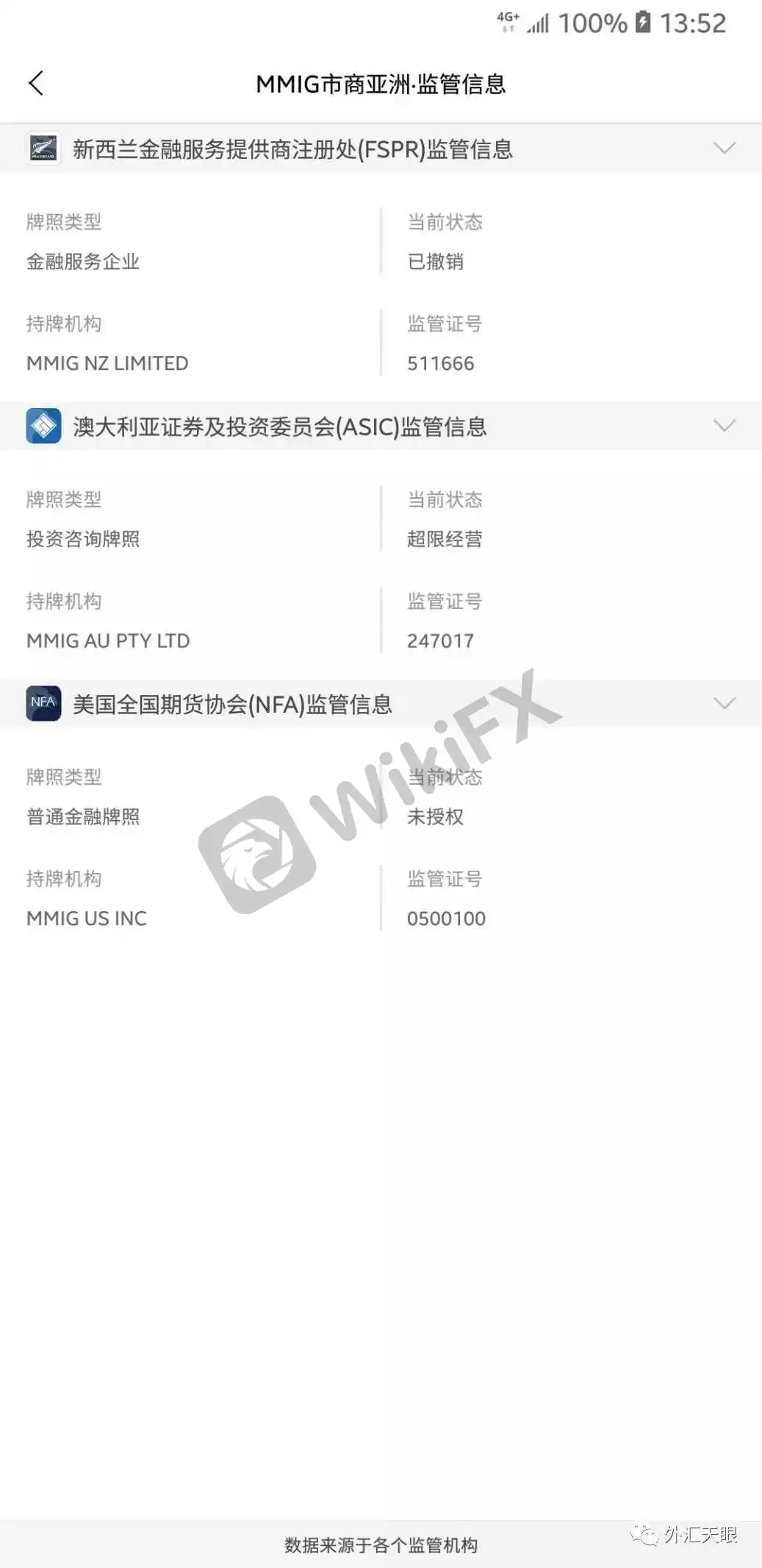 外汇天眼交易商监管信息查询界面截图
